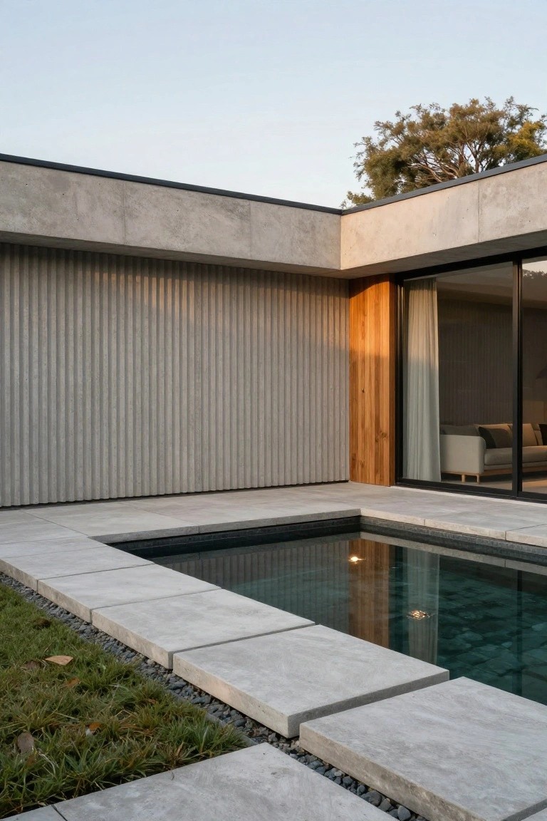 Corner exterior of a modern house with gray concrete walls featuring vertical ribs, a wooden post beside large sliding glass doors, and an L-shaped pool edged by large porcelain tiles, pebbles, and grass.