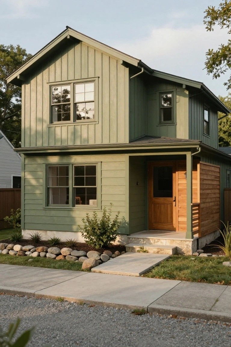 Two-story house exterior with sage green vertical board-and-batten siding, gabled roof, wooden front door on a small porch, stone steps, river rock garden bed, and concrete sidewalk in front.