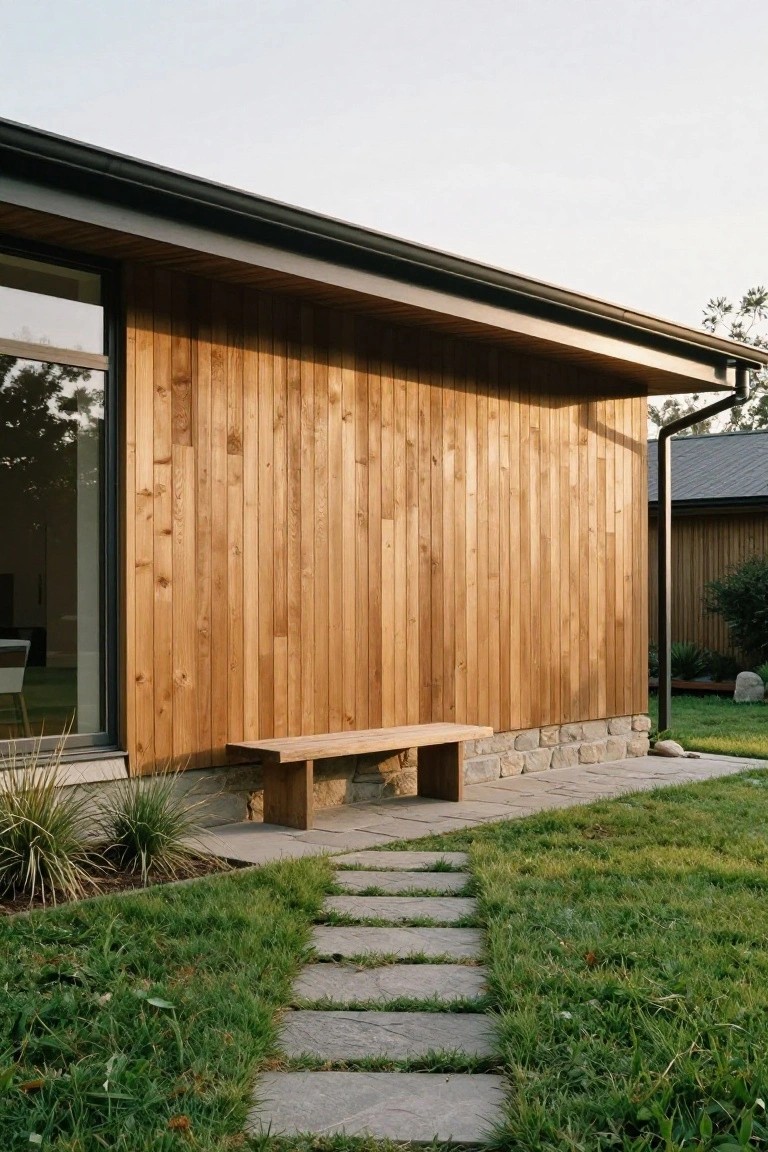 Side exterior of a modern house featuring vertical wooden plank siding, black roof edge, large window, wooden bench on stone foundation base, stone stepping path through grass lawn, and ornamental grasses nearby.