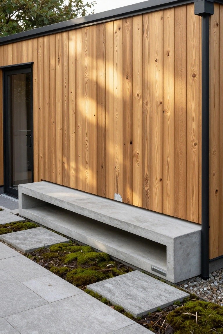 Modern garden structure with vertical golden wood siding, black-framed glass door and window, integrated concrete bench, gray stone paver patio with moss patches, and gravel edging.