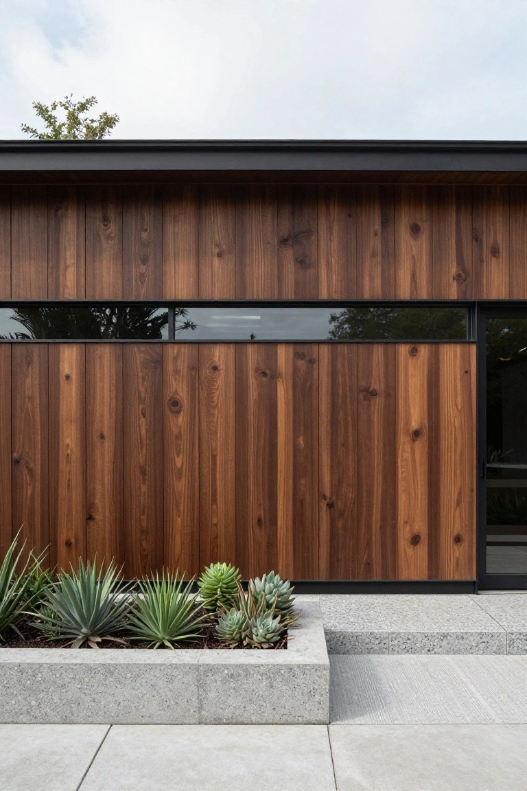 Modern house exterior with vertical warm-toned wood siding, narrow horizontal black-framed window, black-framed glass door, concrete planter box filled with succulents and agave plants, and granite steps on a paved walkway.
