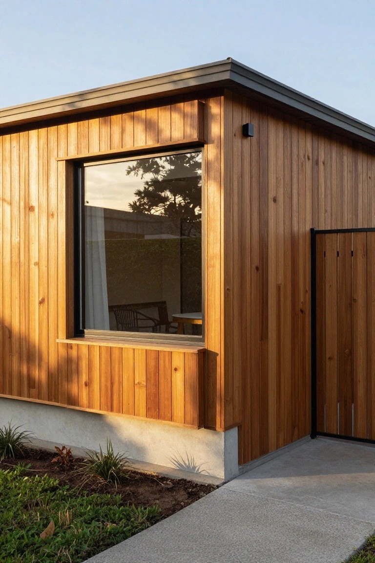 Corner exterior of a modern house clad in warm vertical wood siding, with a large black-framed window, black metal gate, concrete foundation, and concrete path edged by low plants.