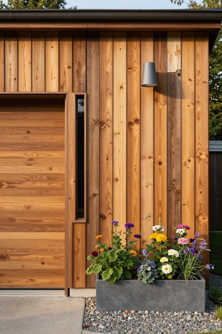 Garage exterior with vertical cedar wood plank siding, a large sliding wood door with slim window cutout, gray wall-mounted cone light, and concrete planter box filled with colorful flowers on gravel ground next to a fence.