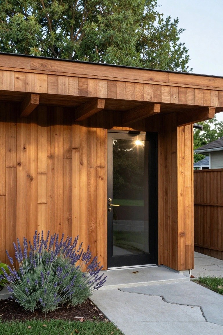Small wooden outbuilding with horizontal plank siding, black-framed glass door, concrete step and path with cracks, lavender plant in front, wooden fence, grass, and trees in background.