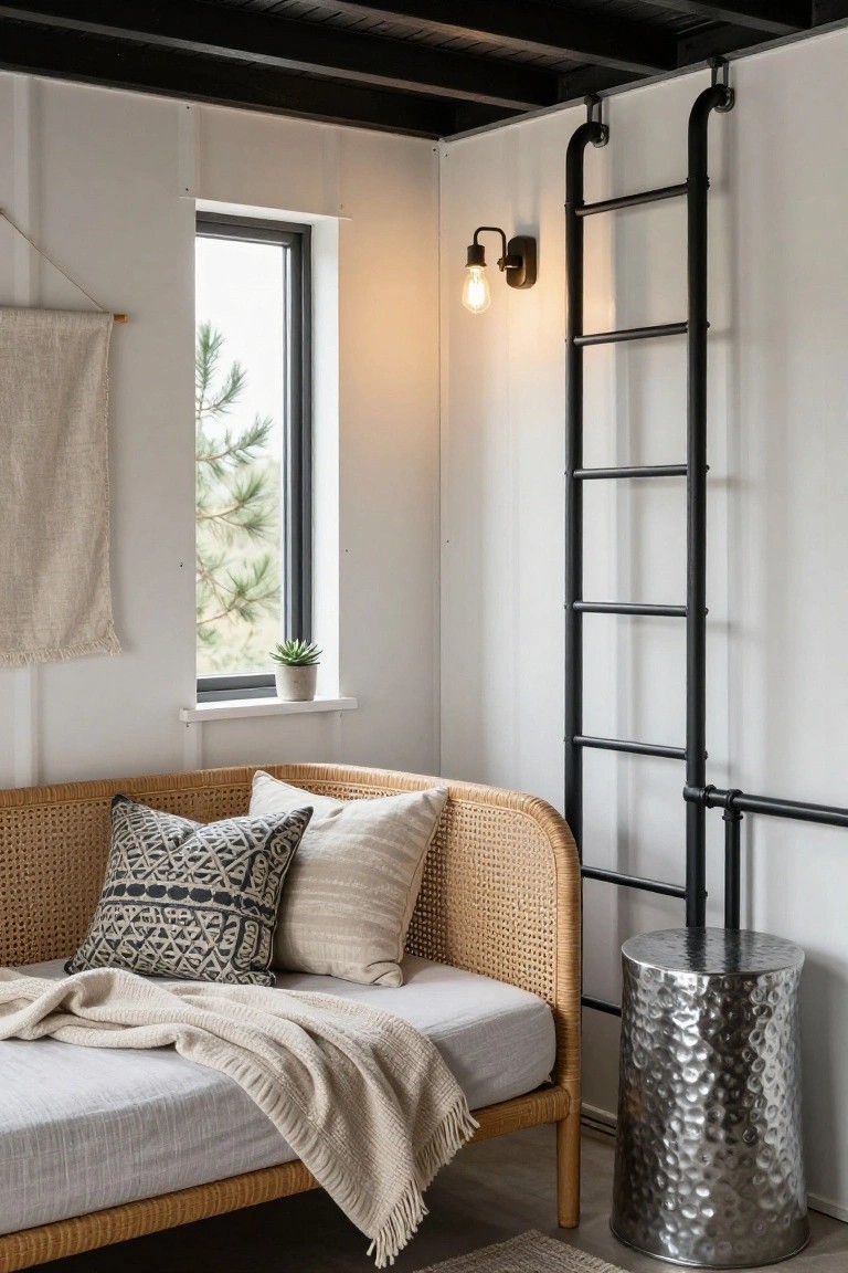 Interior corner of a small bedroom with white shiplap walls, black metal ladder leading to loft, rattan daybed with pillows and beige blanket, hammered metal stool, wall lamp, window showing pine tree and potted succulent.