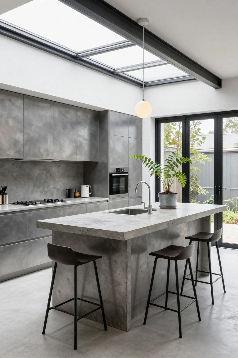 Modern kitchen with gray matte cabinets, large gray concrete island holding a potted plant and sink, four black wood bar stools, skylights above, and glass doors to outdoor greenery.