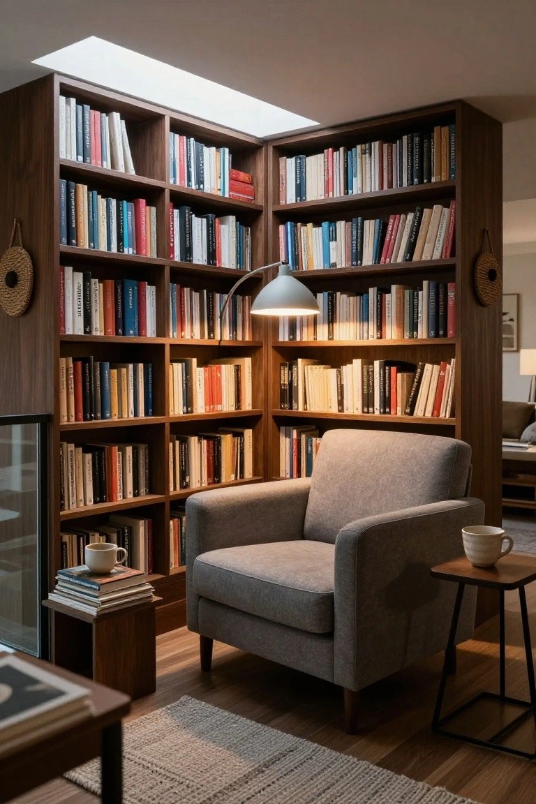 Tall walnut bookshelves lining a corner room with a gray armchair, small wooden side table holding stacked books and a teacup, adjustable lamp, skylight overhead, and woven wall hangings.