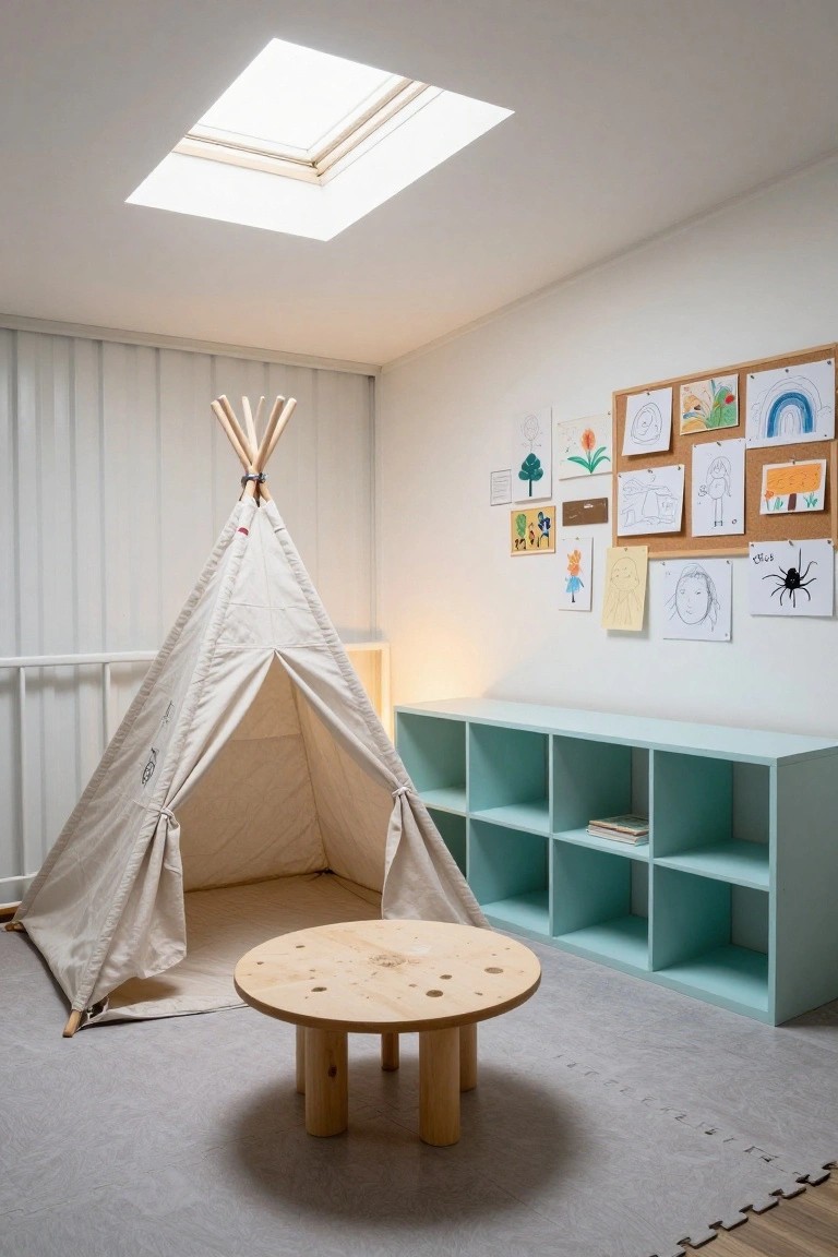 Bright indoor playroom with a large white teepee tent, round wooden low table, turquoise bookshelves, children's drawings on corkboard and walls, and a skylight in the ceiling.