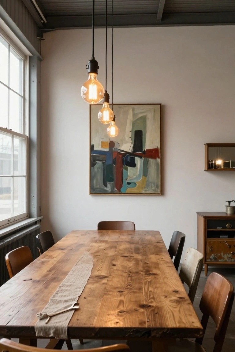Dining room interior with a long rectangular wooden table topped by a beige linen runner and wooden spoon, surrounded by assorted wooden chairs, under three hanging black pendant lights with exposed filament bulbs, next to large industrial windows, a colorful abstract painting on the wall, and wooden furniture pieces.