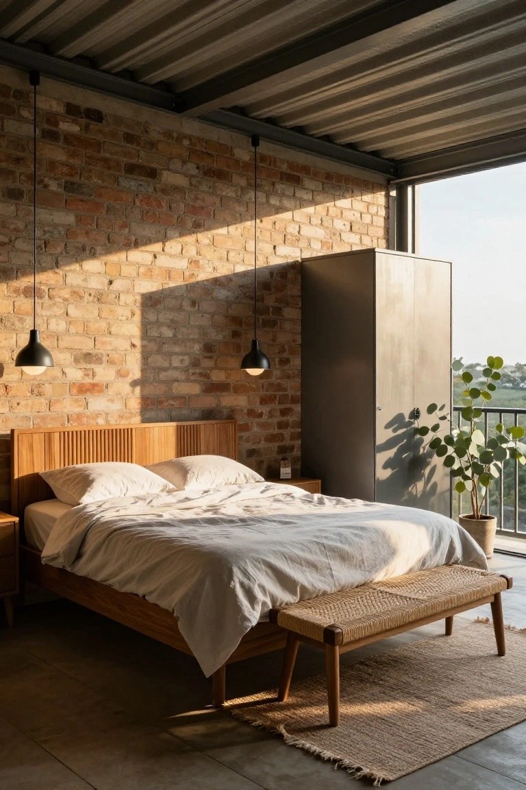 Bedroom interior featuring a wooden slatted headboard bed against an exposed brick wall, two black pendant lights, white rumpled sheets, wooden nightstand, tall metal wardrobe, rattan bench on concrete floor, potted plant, and balcony view through glass railing.
