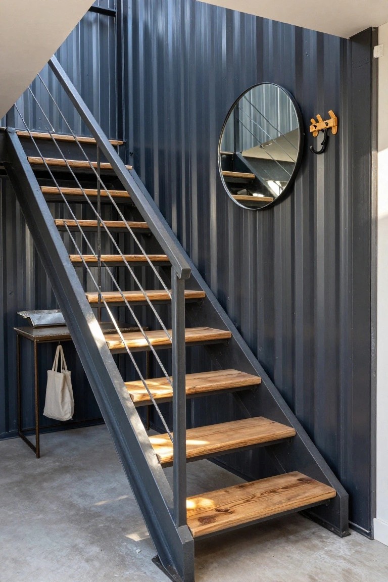 Steel-framed staircase with light wood treads against a dark blue corrugated metal wall, round black mirror with wooden hook mounted nearby, small metal table with canvas bag at the base.
