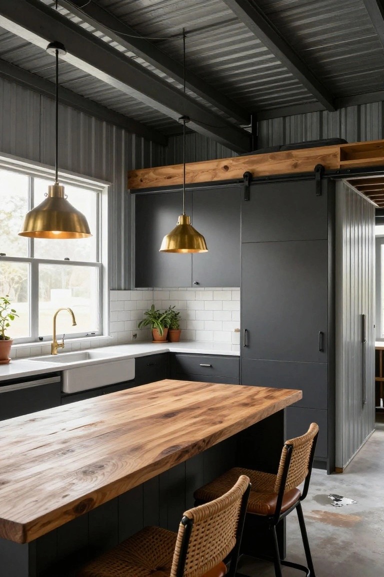 Kitchen interior in a corrugated metal building featuring a live-edge wood island countertop, black cabinets, white farmhouse sink, brass pendant lights, potted plants, and exposed metal walls and ceiling.