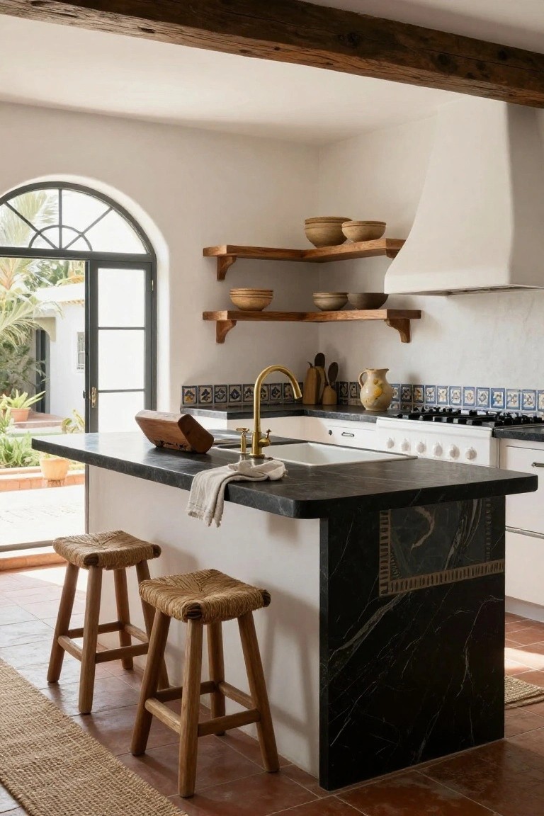 Hacienda-style kitchen interior with black marble-topped island, white cabinets, rattan-wrapped wooden bar stools, terracotta tile floor, arched black-framed window overlooking garden, wooden open shelves with pottery, and blue tiled backsplash.