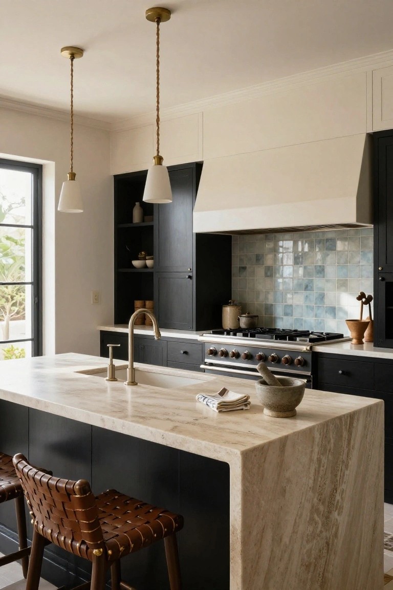 Modern kitchen with marble island, black cabinets, and brass pendant lights.