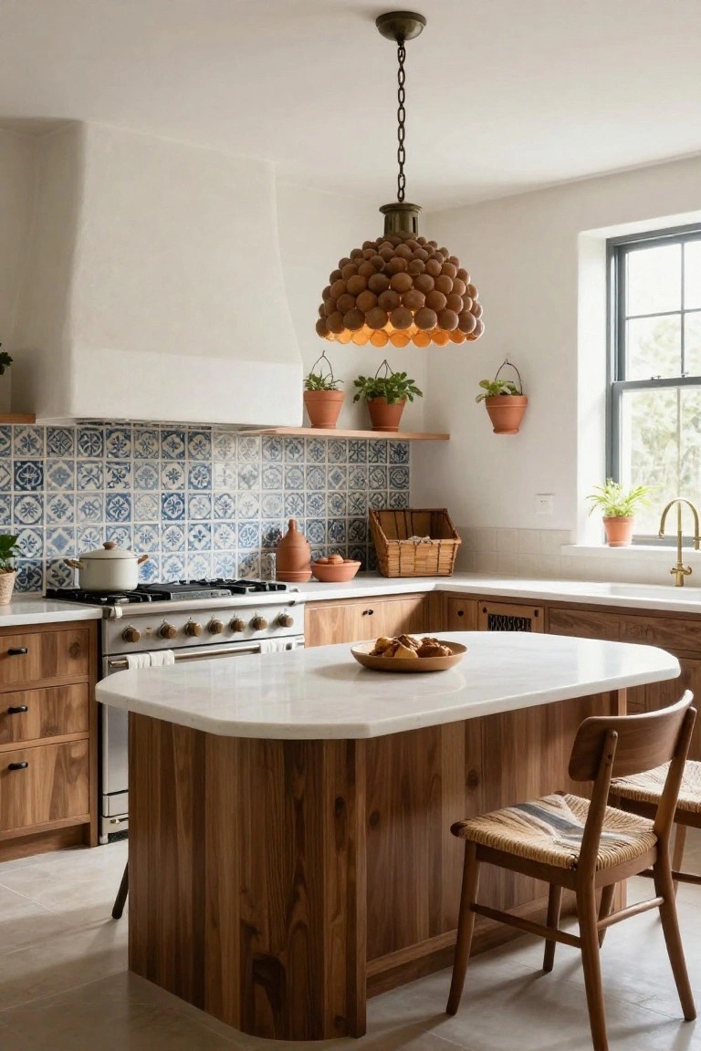 Modern kitchen with warm wood cabinets, curved wood island topped in white, blue patterned tile backsplash behind gas range, brass pendant light, and potted plants on shelves and counters.