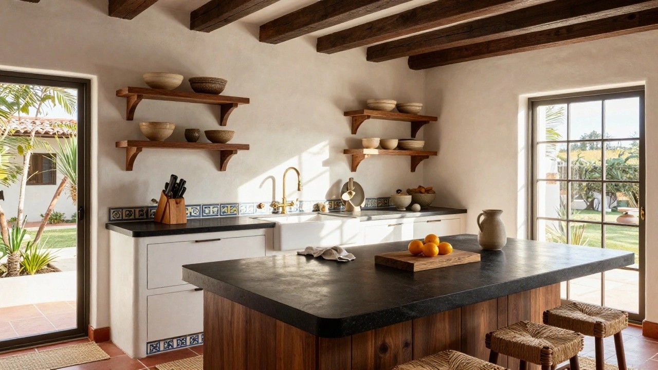 Hacienda-style kitchen interior with black marble-topped island, white cabinets, rattan-wrapped wooden bar stools, terracotta tile floor, arched black-framed window overlooking garden, wooden open shelves with pottery, and blue tiled backsplash.