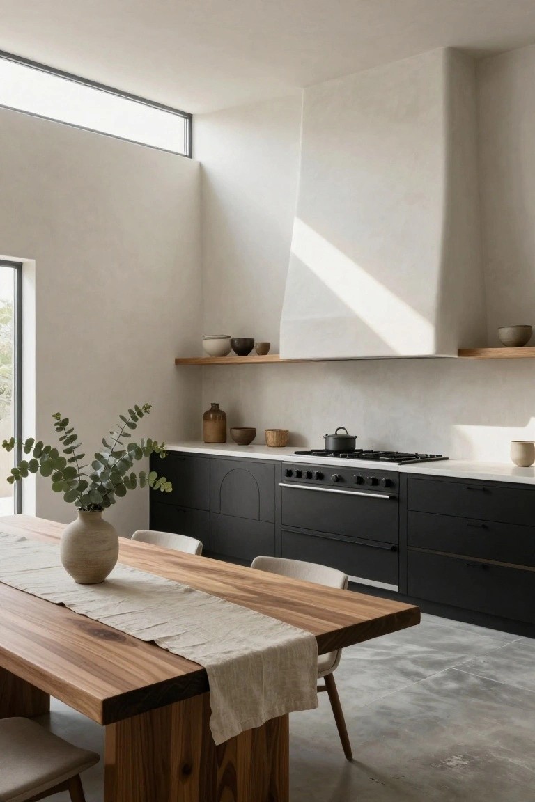Modern kitchen interior with white plaster walls and range hood, matte black cabinets featuring arched doors, white countertop, black gas range, wooden dining table with beige runner and vase of eucalyptus, open wood shelves with ceramic pots, and chairs.