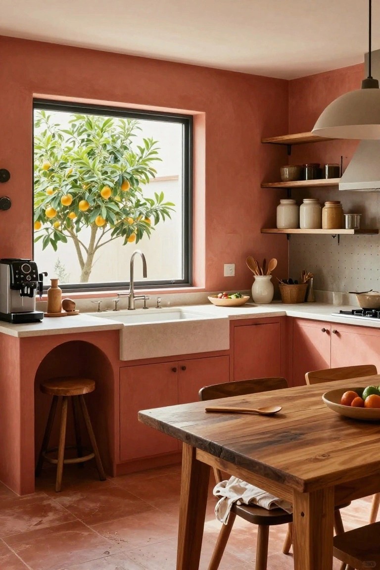 Modern kitchen with terracotta plaster walls and floor tiles, wooden cabinets and dining table, arched niche with stool under farmhouse sink, espresso machine on counter, and large black-framed window showing orange tree outside.