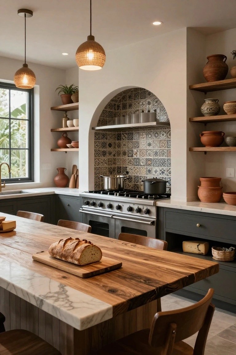 Kitchen with stainless steel range in blue-and-white tiled arched niche, dark lower cabinets, light wood island table with marble edge and baguette on cutting board, rattan pendant lights, and terracotta pots on wooden shelves.