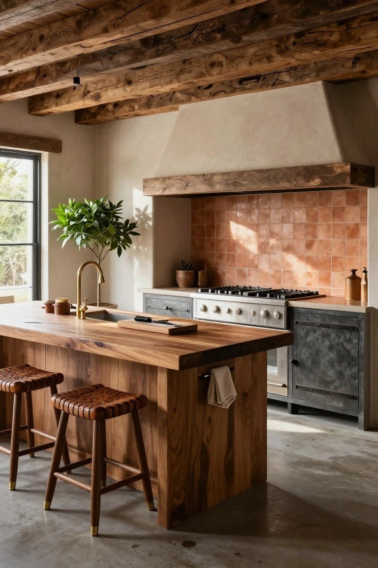 Modern hacienda kitchen interior with exposed wooden beam ceiling, orange terracotta tile backsplash behind stainless steel range, central wooden island with integrated sink and brass faucet, two leather barstools, and polished concrete floor.