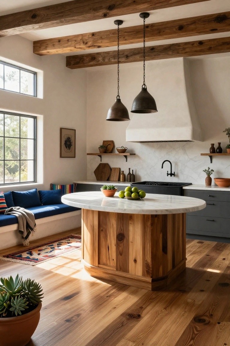 Modern hacienda kitchen with exposed wood beam ceiling, round white marble island on square wooden pedestal base, built-in blue banquette seating with colorful blankets, white walls, gray cabinets, and black stove.
