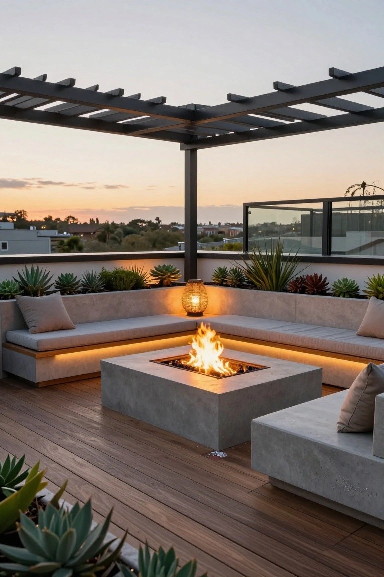 Rooftop terrace with L-shaped concrete built-in benches and cushions around a square gas fire pit on a wooden deck, succulents in planters, black metal pergola overhead, and city view at dusk.