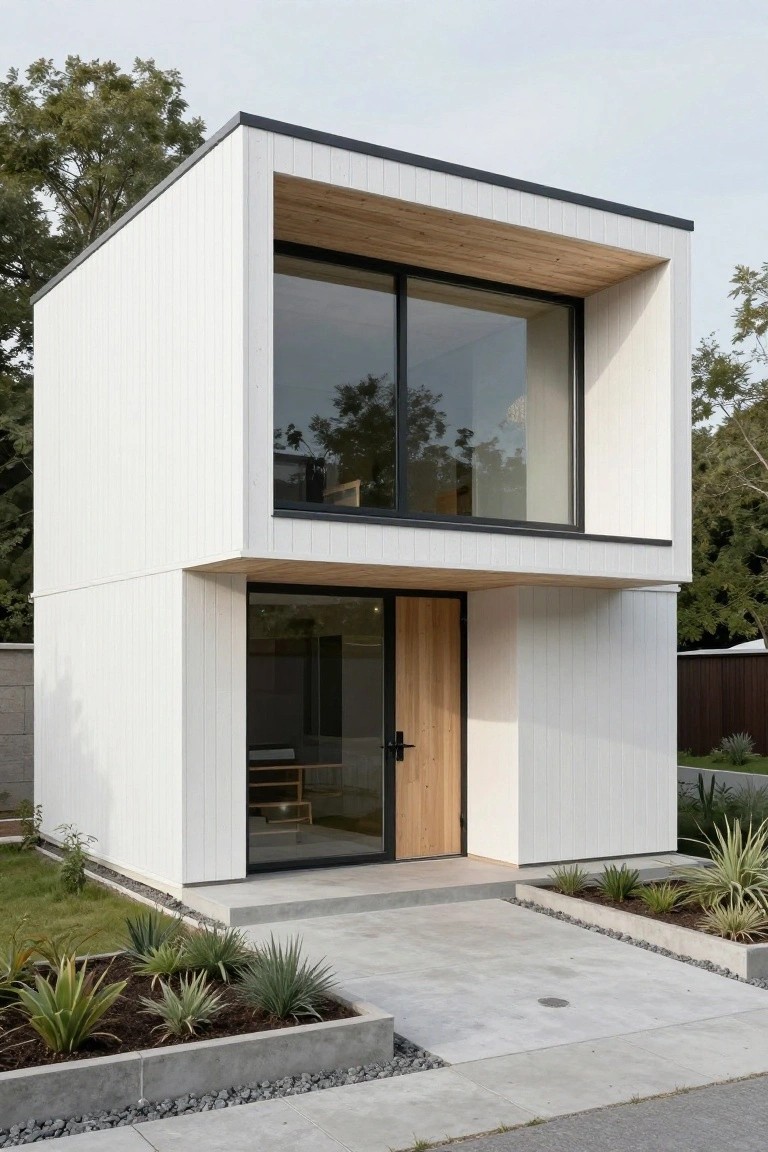 A two-story white modular house with vertical siding, black trim, large glass windows, wooden entry door and canopy, concrete pathway, and agave plants in front.