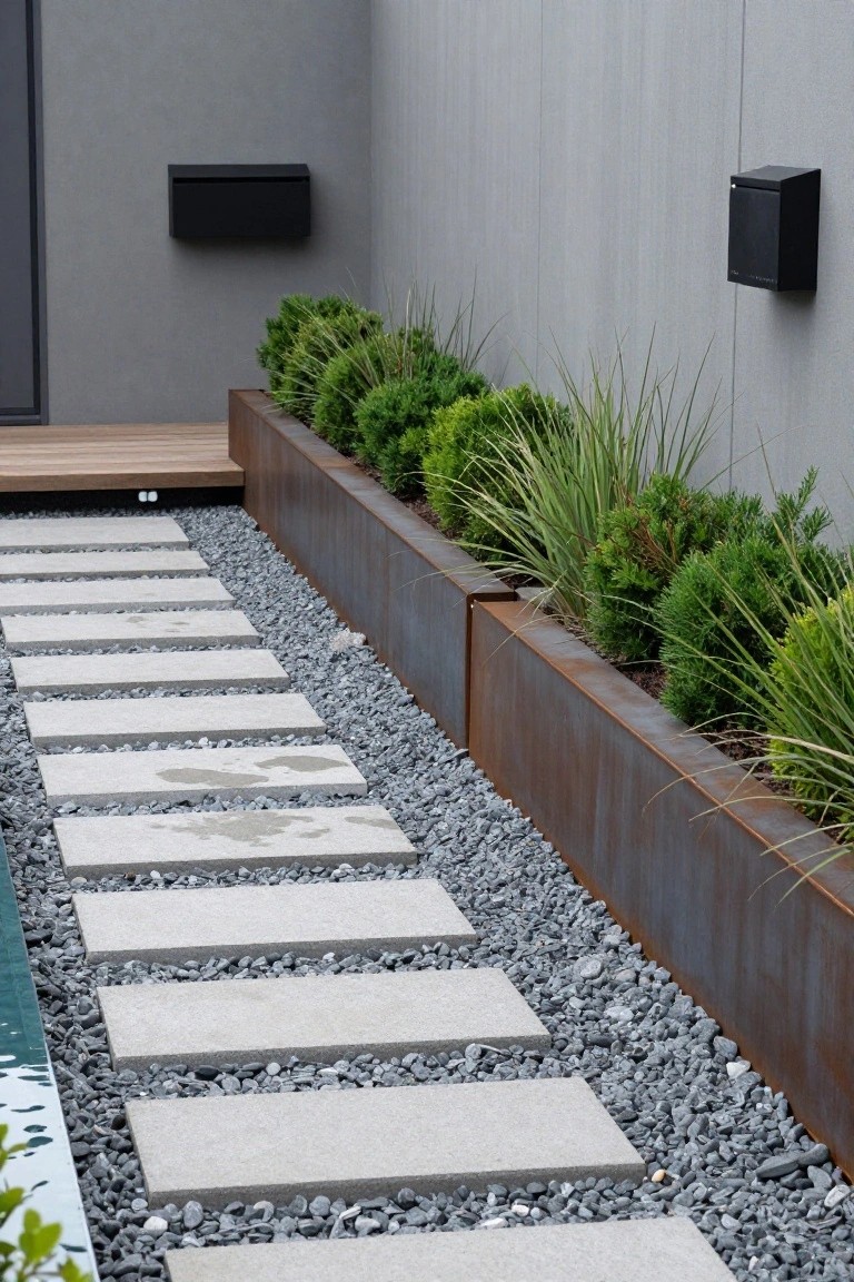 Gray house wall with black mailbox, wooden deck, concrete paver path set in gravel, bordered by corten steel planters with green shrubs and grasses, adjacent to a pool edge.