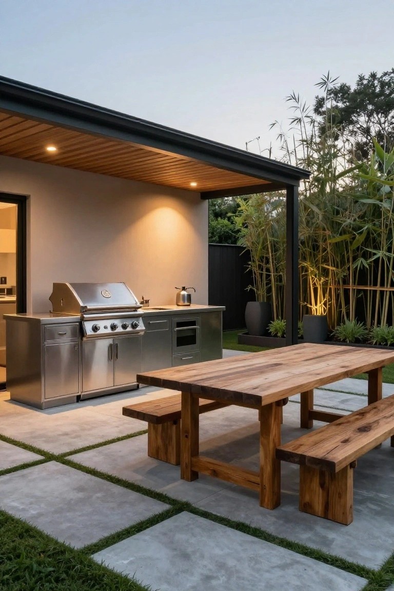 Outdoor kitchen with stainless steel grill, sink, and cabinets under a wooden covered structure, next to a rectangular wooden dining table and benches on a concrete paver patio with grass strips and bamboo plants in the background.