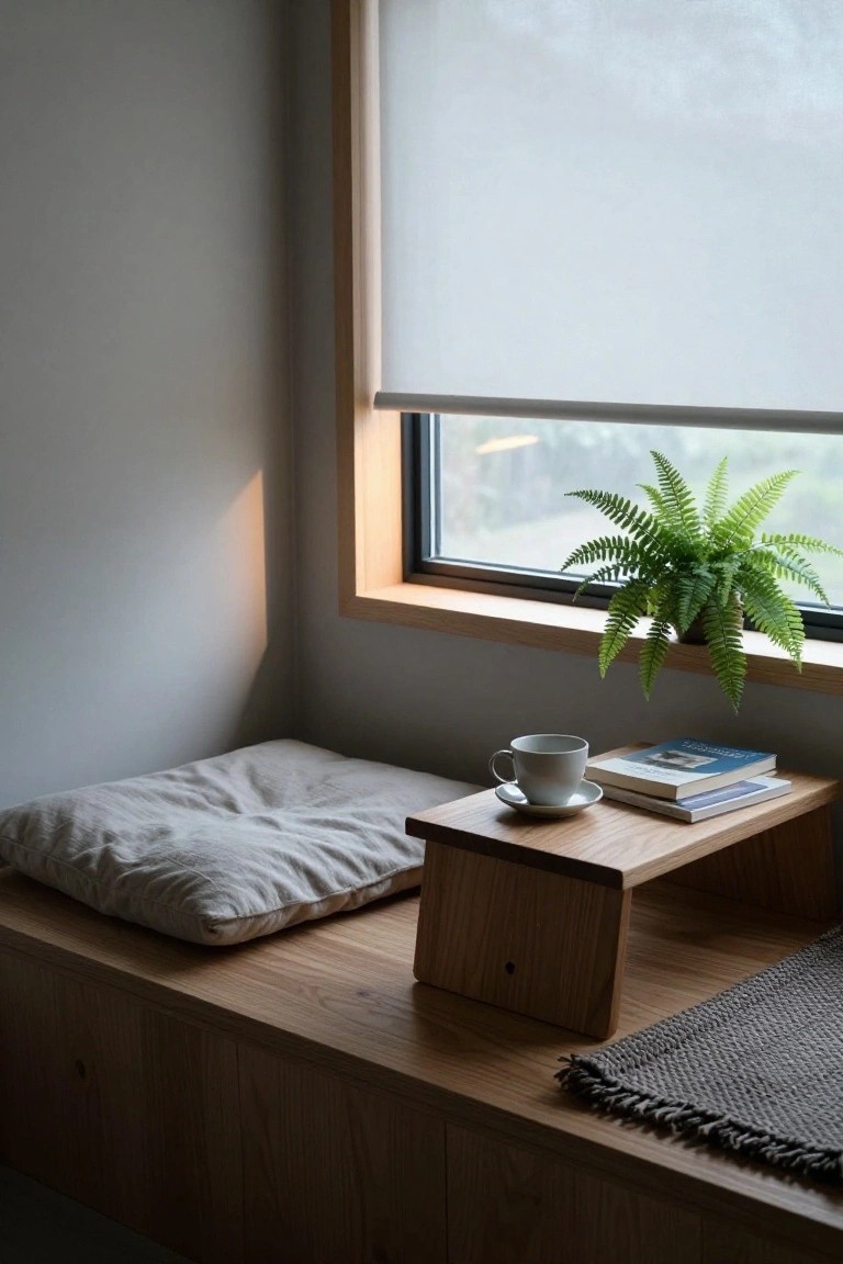 Wooden window seat with cushion, fern plant, books, and teacup.