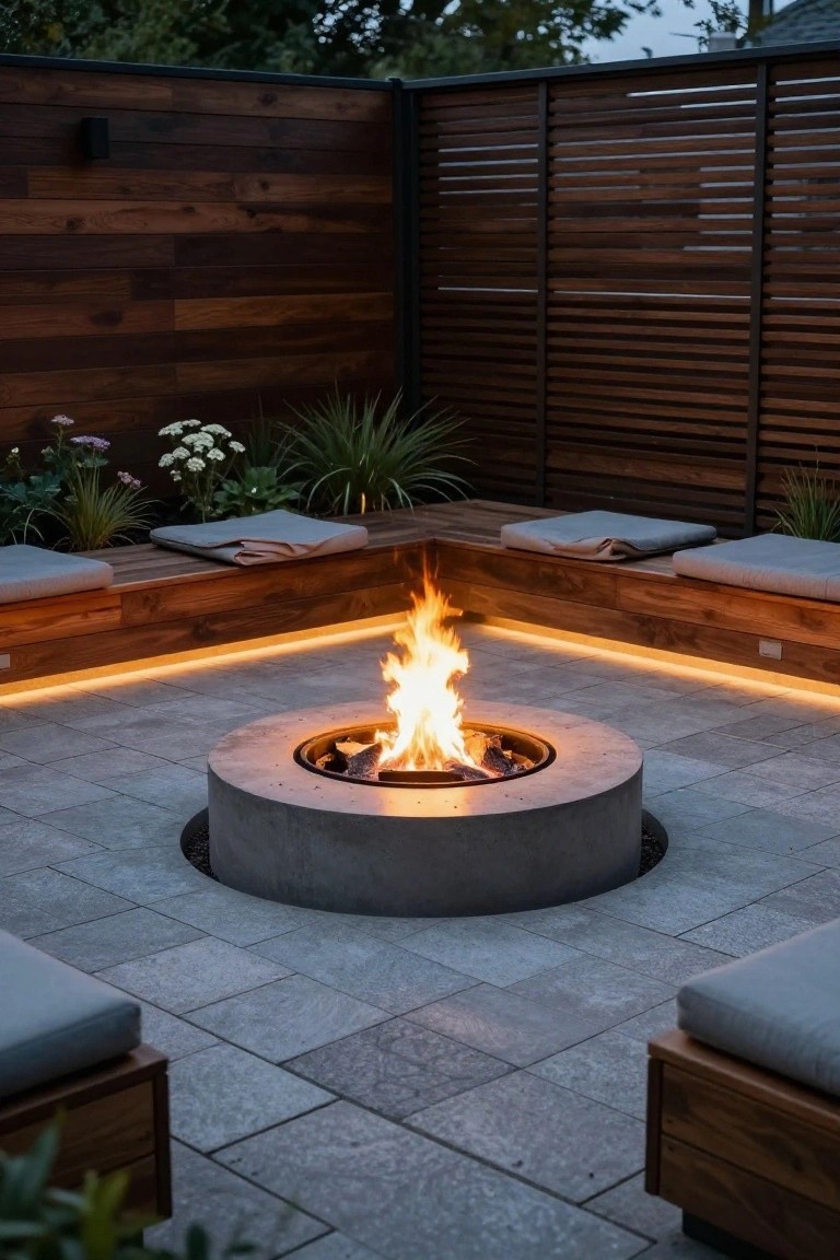 Modern outdoor patio with concrete fire pit and wooden benches.