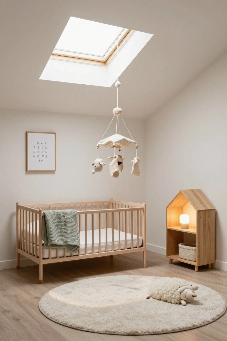 Minimalist nursery interior with beige walls, sloped ceiling and skylight, wooden crib draped in green blanket, hanging white fabric mobile with sheep figures, house-shaped wooden shelf with lamp and basket, and plush sheep toy on round cream rug on light wood floor.