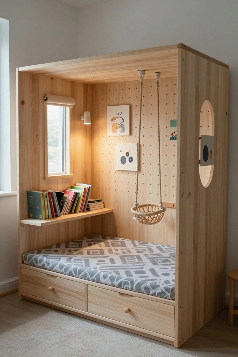 Wooden cabin-style built-in bed structure in a child's room with bookshelves, woven hanging swing, pegboard walls, small window, and low mattress platform with drawers below.