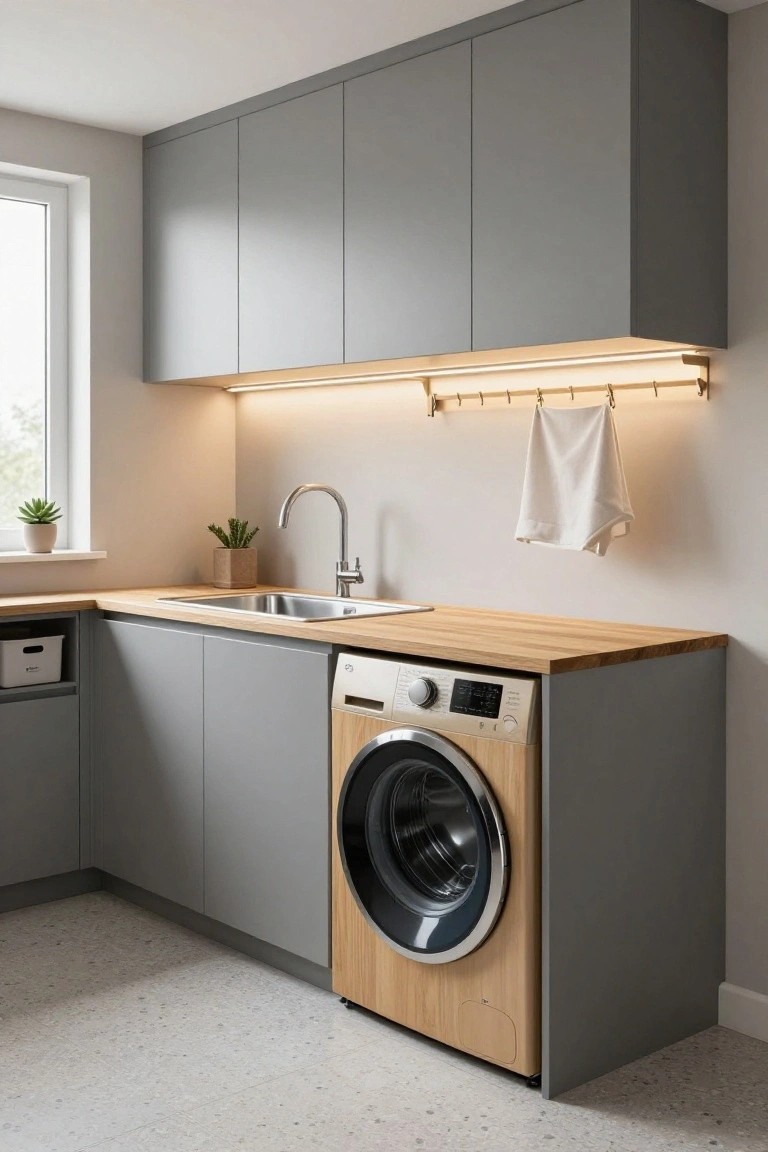 Modern kitchen with gray cabinets, wooden counters, sink, and washing machine.