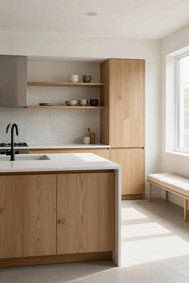 Modern kitchen with light oak cabinets, white quartz countertops and island, black faucet, open wooden shelving, and a cushioned bench by a large window.