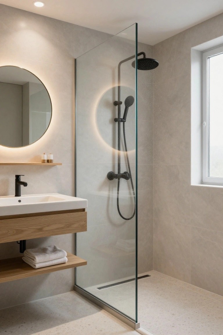 Modern bathroom with light gray tiled walls and floor, oak wood vanity and shelves under a round backlit mirror, white sink with black faucet, and open walk-in shower enclosed by a single glass panel with black fixtures.
