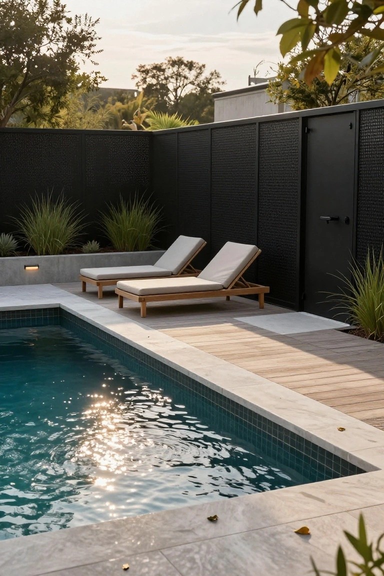 Modern outdoor pool area featuring two beige-cushioned wooden loungers on a light wood deck next to a turquoise-tiled pool, with tall black perforated metal privacy screens and potted grasses along the edge.