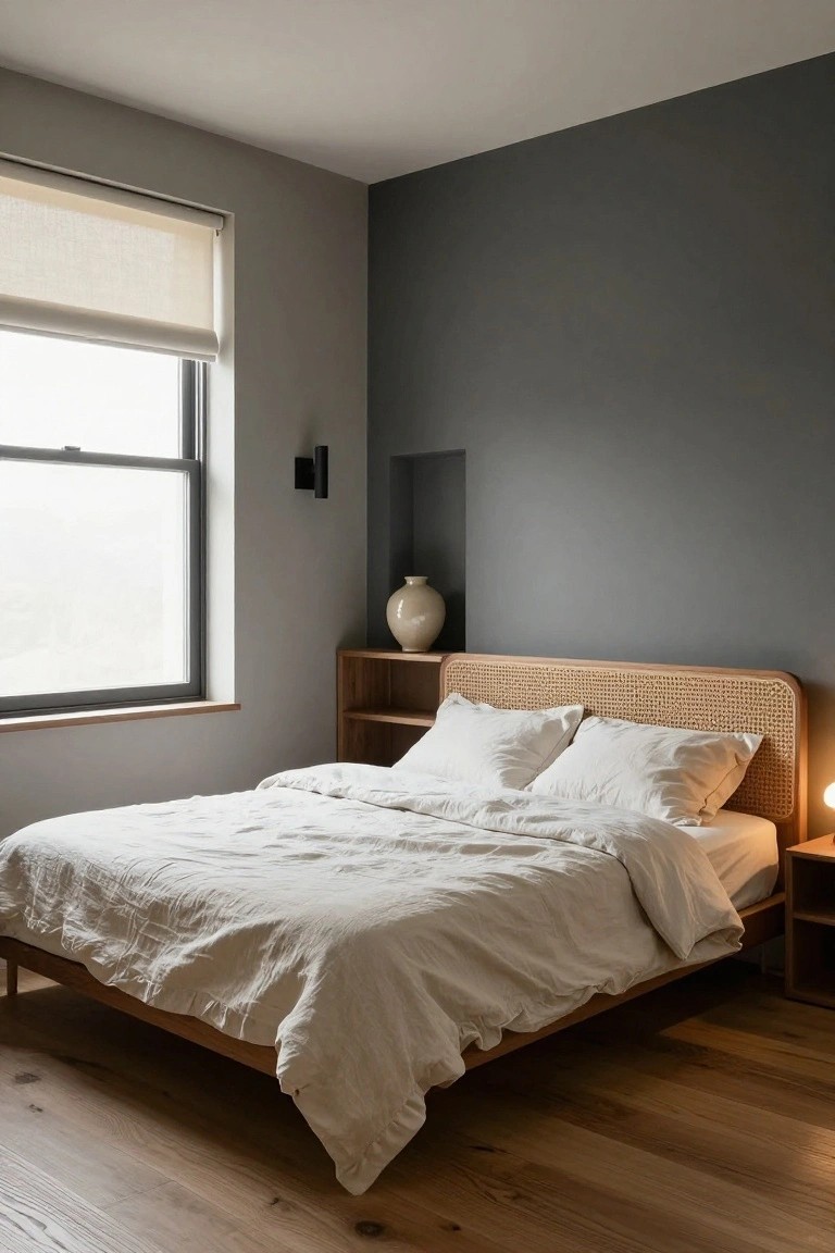 Bedroom with low wooden platform bed featuring rattan headboard, white linen bedding, dark gray accent wall, large window with roller shade, wooden side table with lamp, and light oak floors.