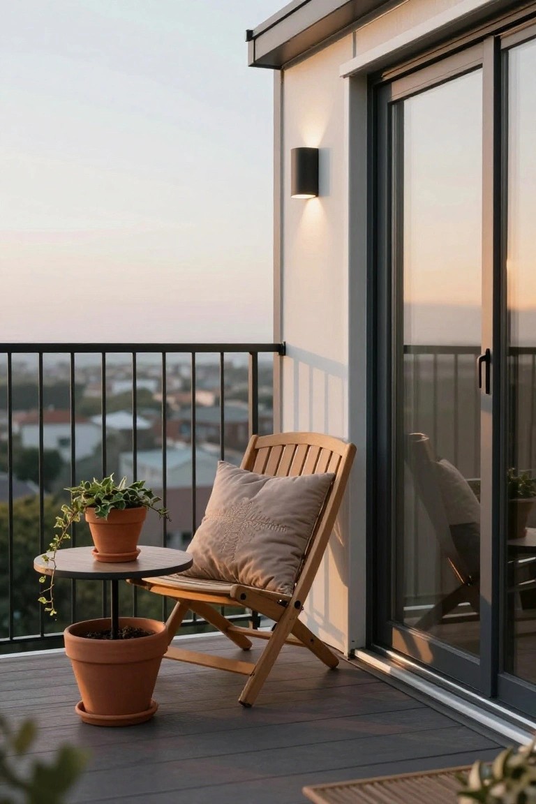 Wooden deck balcony with folding wood chair, beige cushion, small round table, terracotta pots with ivy plants, black metal railing, wall light, sliding glass door, and city view at dusk.