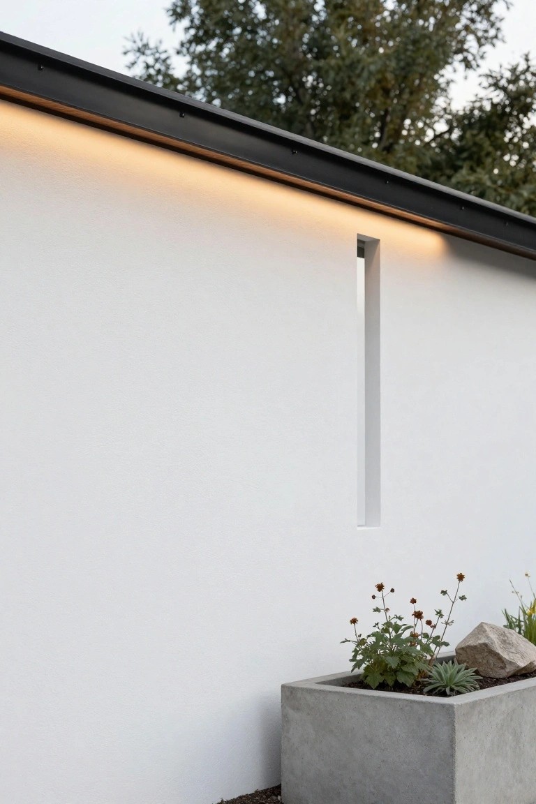 White stucco exterior wall with black metal roof trim containing a continuous amber LED light strip, a tall narrow window cutout, and a large concrete planter box filled with plants and rocks at the base, viewed at dusk with trees in the background.