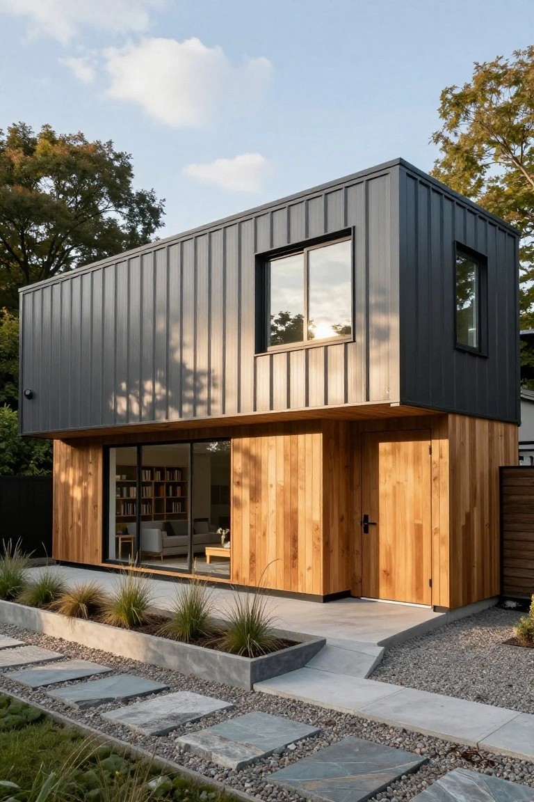 Rectangular prefab home exterior with dark gray corrugated metal siding on upper walls, light cedar wood cladding on lower section and entry doors, large glass sliding doors visible inside, concrete pathway, gravel ground cover, and grasses in raised beds.