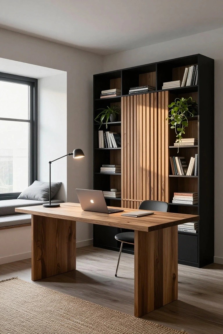 Modern interior of a home office with a large rectangular wooden desk holding a MacBook laptop, flanked by a tall black bookshelf unit with wooden slatted panels, books, plants, a desk lamp, and a window seat.