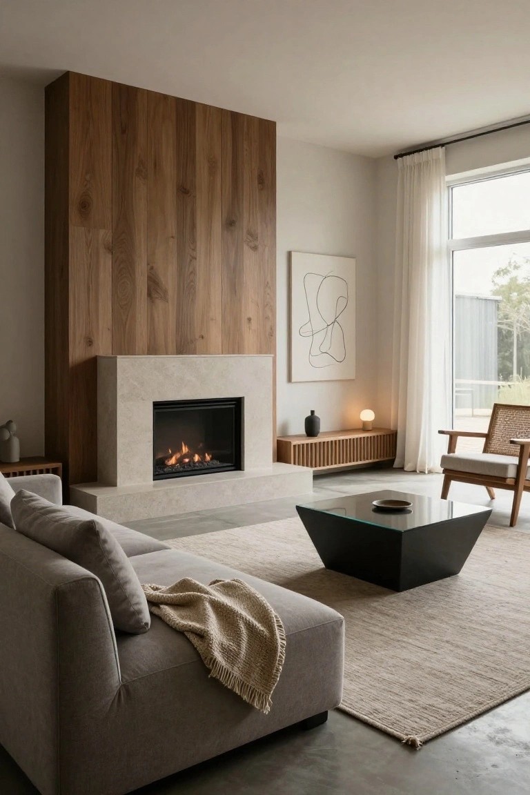 Modern living room interior featuring a tall walnut wood paneled wall behind a beige stone gas fireplace, with a gray sofa, black glass coffee table, rattan chair, and large window with sheer curtains.