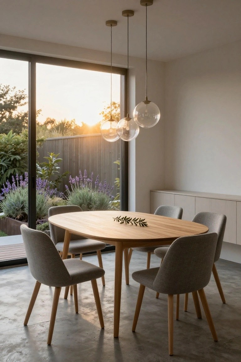 Oval oak dining table with four grey upholstered chairs in a minimalist room featuring glass pendant lights, large black-framed sliding doors to a garden, and concrete flooring.