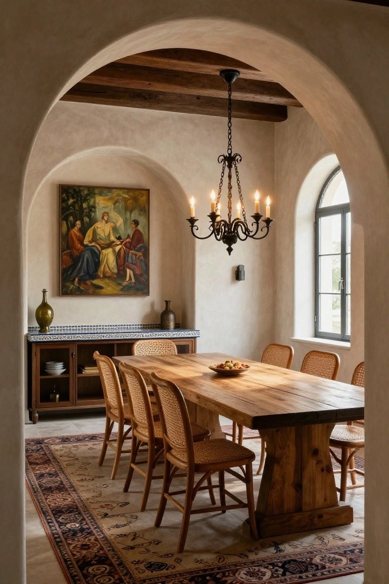 Arched interior dining alcove with wooden trestle table surrounded by rattan chairs on a patterned rug, large painting on wall, brass chandelier, and arched window in beige stucco room.