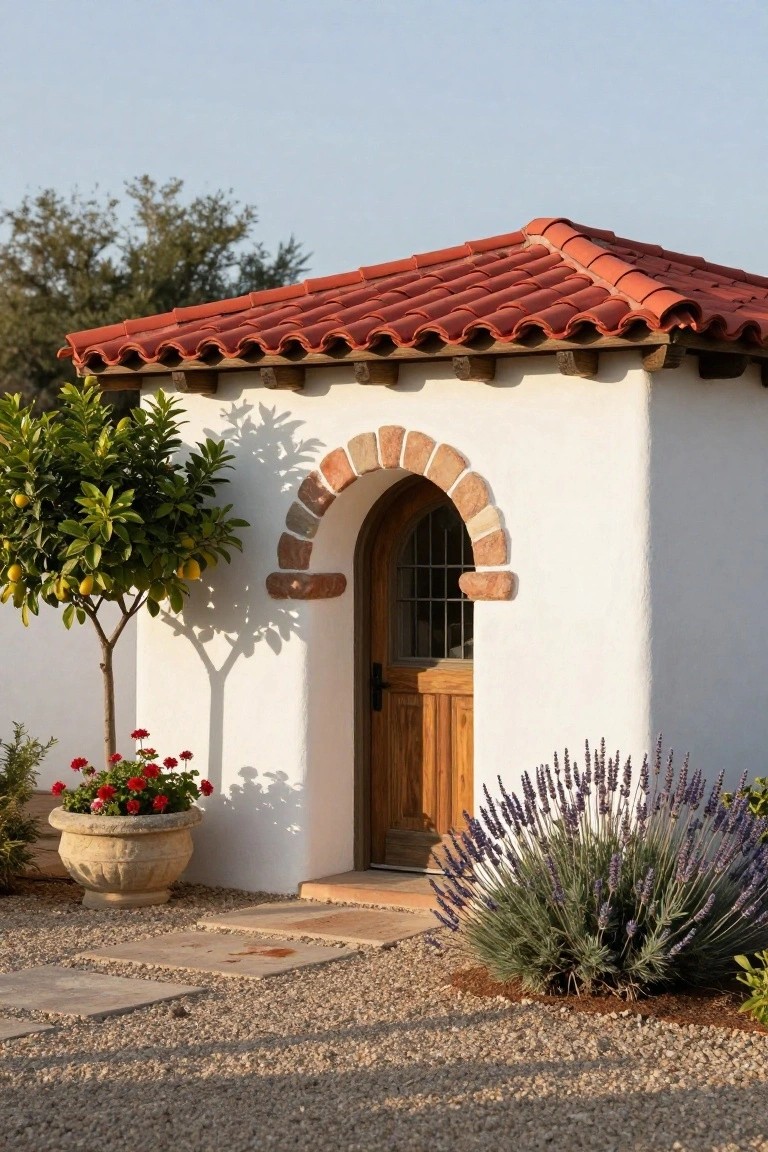 White stucco building with red tile roof and arched brick entryway containing a wooden door with metal grille window, next to lemon tree in pot with geraniums, lavender plants, and gravel path with stone steps.