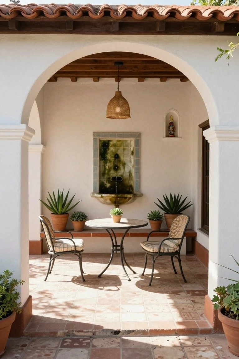 White stucco arched loggia with terracotta tile roof and wood beams, featuring a small round metal table with two rattan chairs, potted succulents and agaves, a tiled wall fountain, and plants on terracotta flooring.