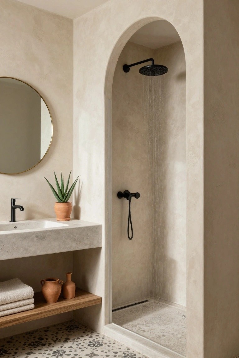 Beige textured plaster bathroom with curved arch entry to walk-in shower featuring black rain showerhead, round gold mirror above sink with black faucet, aloe plant, towels and terracotta pots on wooden shelf, and patterned tile floor.