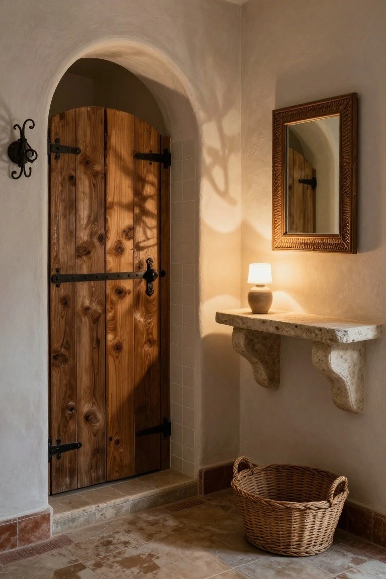 Corner of an interior room featuring a tall arched double wooden door with black iron strap hinges and latch, next to a carved wood mirror, a stone shelf holding a lamp and vase, and a large wicker basket on a terracotta tile floor.
