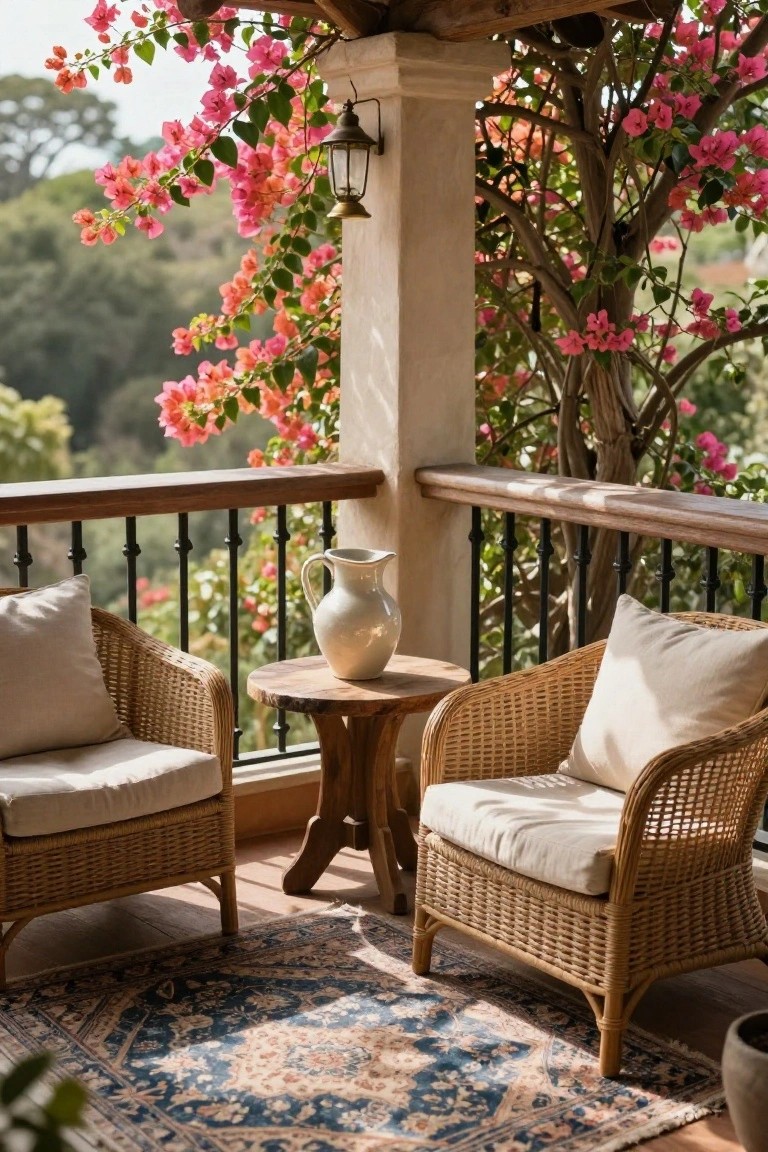 Two cushioned wicker armchairs flanking a small round wooden table with a white jug on a balcony deck, pink bougainvillea vines climbing over the wooden railing and stucco pillar with a hanging lantern, blue patterned rug on the floor, overlooking green hills.